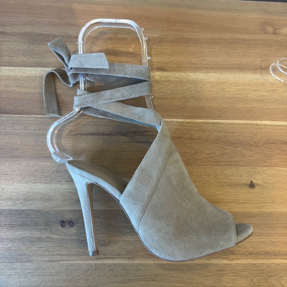 Kendall + Kylie Women 7.5 M Taupe Suede Lace Up Ankle Wrap Open Toe Heel Sandals